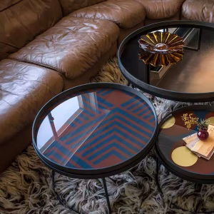 20934 Midnight Chevron tray & 20933 Turkish dots tray & 20605 Bronze Round mirror large on Round table tray set